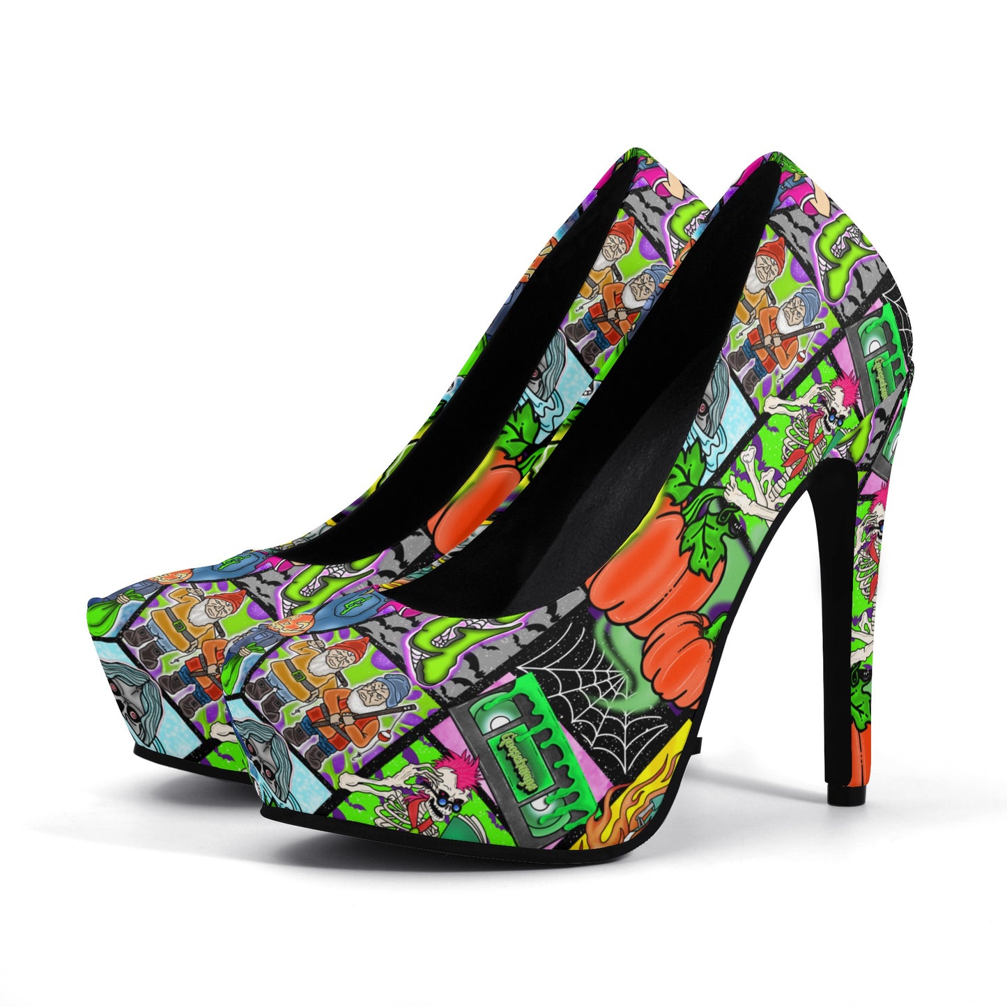 Halloween Patchwork Spooky Women Platform Pumps 5 Inch High Heels