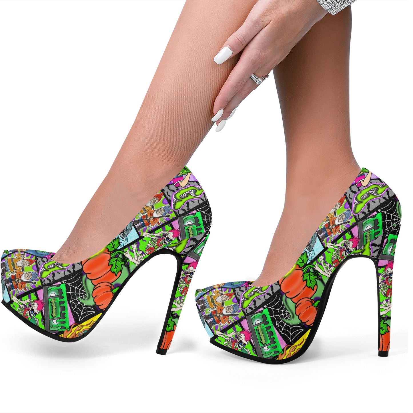 Halloween Patchwork Spooky Women Platform Pumps 5 Inch High Heels