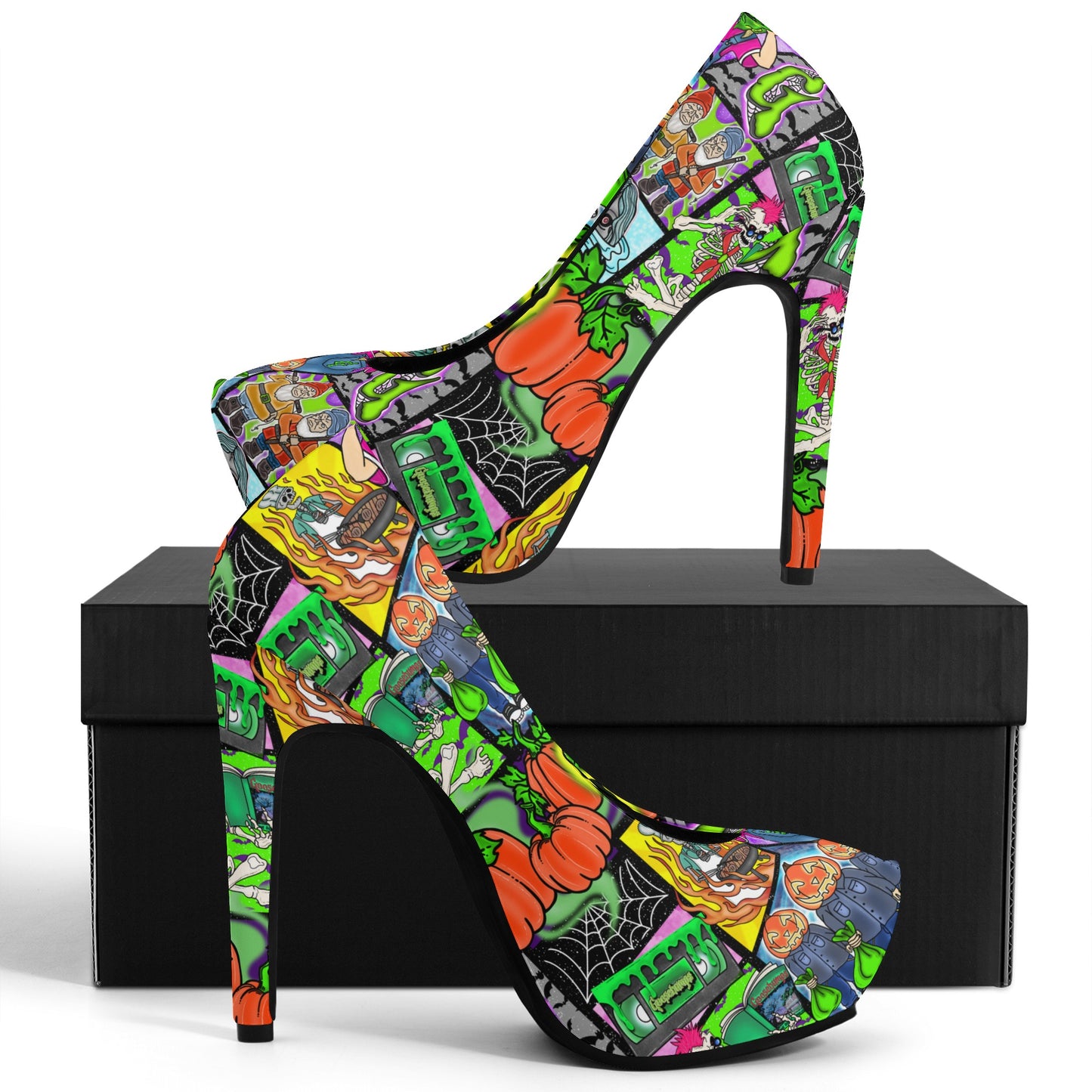 Halloween Patchwork Spooky Women Platform Pumps 5 Inch High Heels